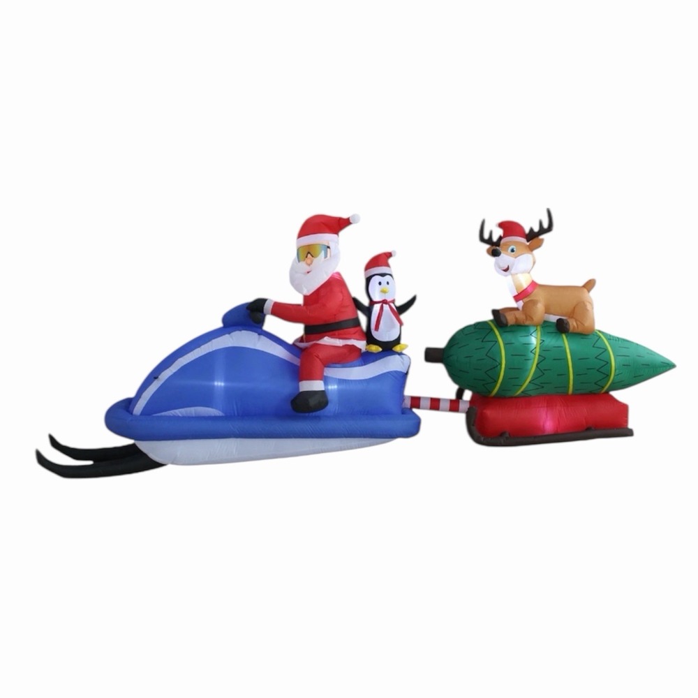 Santas Tree Fun Inflatable Reindeer Christmas Snowmobile Holiday Time 12' Long